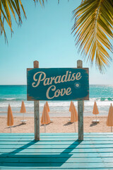 Bright Summer Day at a Tropical Beach with Turquoise Deck and Orange Parasols in the Distance