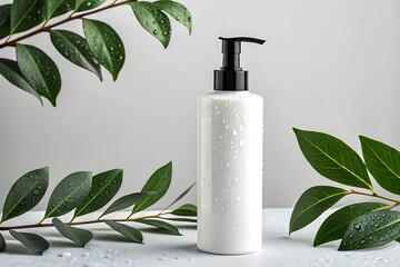 "Minimalist Product Photo of White Lotion Bottle with Pump and Water Droplets, Surrounded by Green Leaves"

