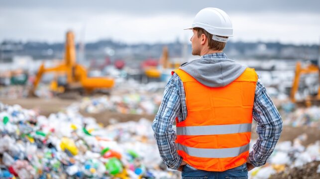 Worker in safety vest observing landfill