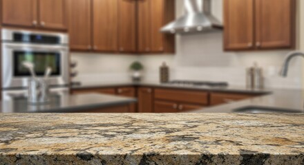 The foreground features a granite countertop, with a blurred kitchen in the background.