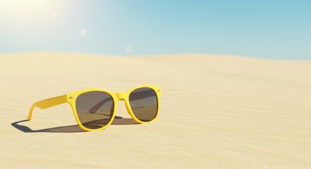 Yellow sunglasses on a sandy beach, perfect for a summer getaway.