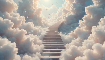 Serene staircase ascends to the heavens amid fluffy clouds and soft sunlight, a symbolic path to dreams and ethereal destinations.