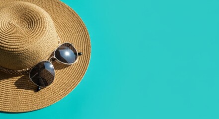 A straw hat and sunglasses on a vibrant turquoise background.