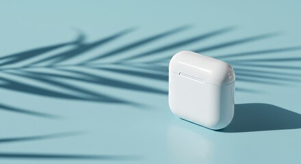 A white airpod case with a shadow on a light blue backdrop.