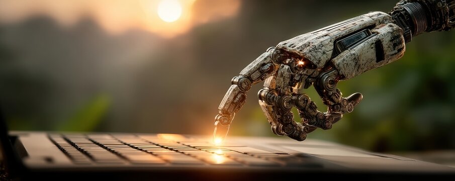 Futuristic robotic hand interacts with technology under a scenic natural backdrop