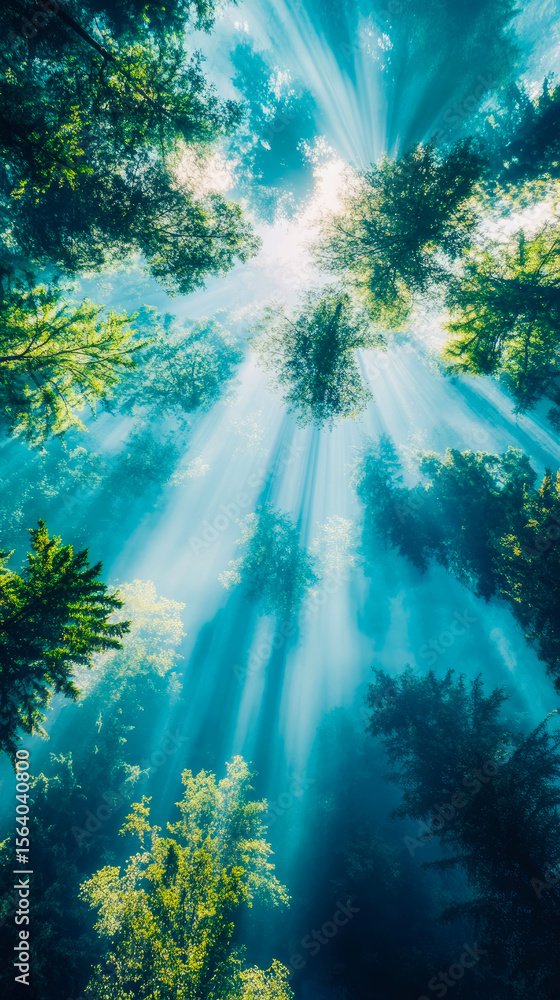 Poster rays of sunlight shining through canopy of a dense forest, creating an ethereal and magical atmosphe