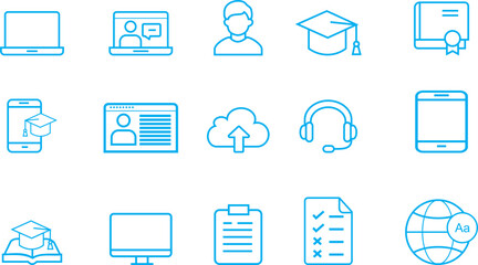 Blue Online Education Icon Set – Laptop, Graduation Cap, Mobile Learning, Cloud Upload, Headset – Minimal Outline Style, Vector Illustration