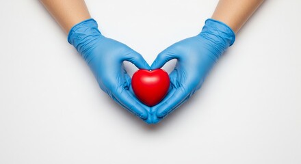 Hands wearing blue gloves holding a red heart, symbolizing care and health.