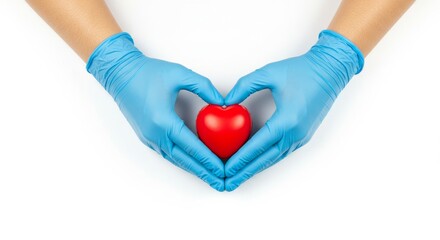 Hands in blue gloves cradle a red heart, representing love and care in healthcare.