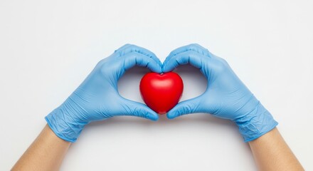 Hands wearing gloves make a heart around a red heart, representing healthcare and love.