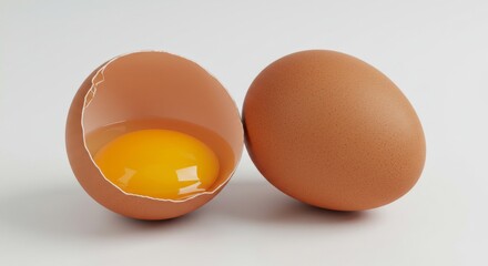 A close-up shot of a broken egg with visible yolk, alongside a whole egg.