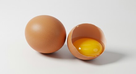 A fresh egg next to a cracked egg showing off its bright yolk.