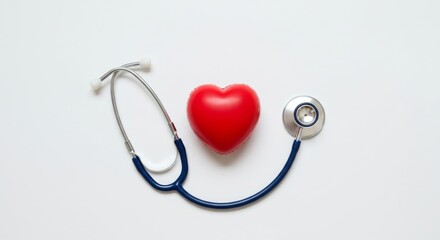 Medical concept with a stethoscope examining a red heart on white.