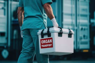 Urgent Organ Transport: A dedicated medical professional carries a vital organ transport case, symbolizing life-saving medical intervention and the critical nature of organ donation.