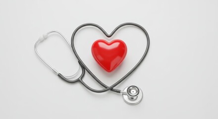 A stethoscope encircles a red heart, representing health and medical care on a white surface.