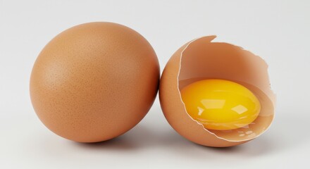 A whole brown egg with a cracked egg showing its bright yellow yolk.