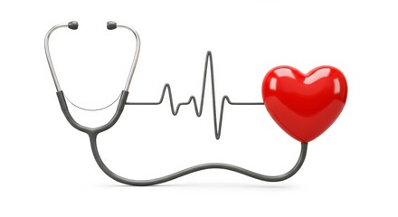 A stethoscope is connected to a red heart, representing heart health and medical care.