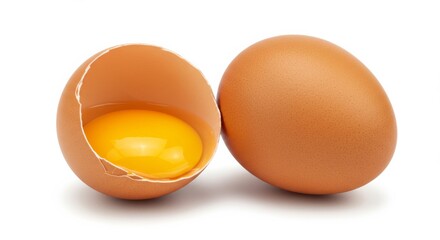 An open cracked egg reveals a vibrant yellow yolk next to a whole egg on a clean white surface.