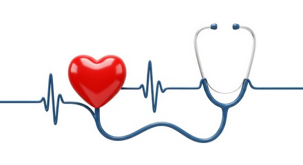 A stethoscope and heart integrate into an ECG waveform, representing health and medical concepts.