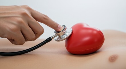 A medical professional using a stethoscope to listen to a red heart on someone's chest.