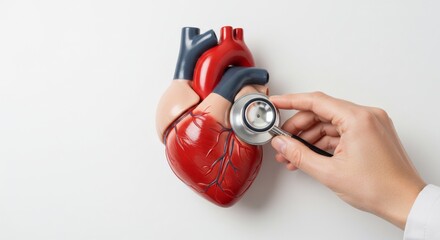 A doctor uses a stethoscope to examine a heart model on a white surface.