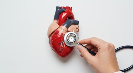 A detailed view of a human heart being examined with a stethoscope.