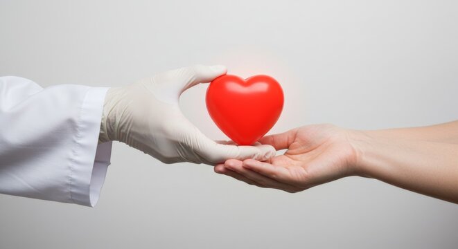 A doctor's hand offering a red heart to a patient, symbolizing care and donation. - Powered by Adobe