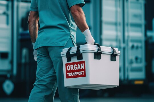 Urgent Organ Transport: A dedicated medical professional carries a vital organ transport case, symbolizing life-saving medical intervention and the critical nature of organ donation.