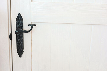 Door hardware features decorative black handle on a white wooden door in a bright interior setting