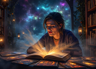 Woman studying a book that rays light.  She is a fortune teller with connection to cosmic forces. She is surrounded by tarot cards.