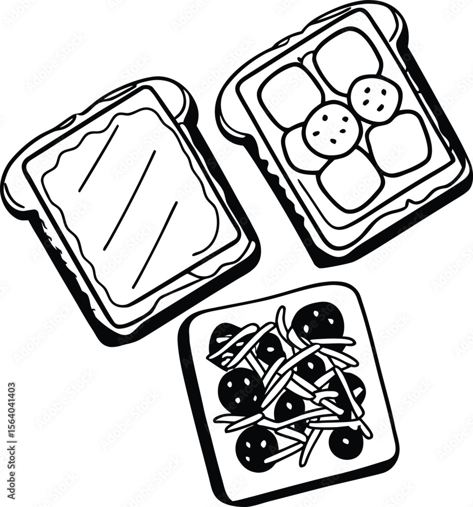 Poster three black and white line drawings of toast with various toppings one slice of toast with spread tw
