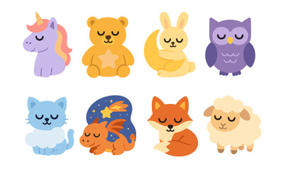 Adorable cartoon animals: unicorn, bear, bunny, owl, kitten, dragon, fox, sheep