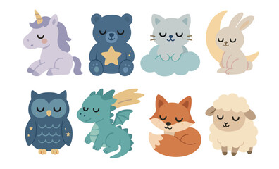 Obraz premium Adorable sleeping animals illustration: unicorn, bear, cat, rabbit, owl, dragon, fox, sheep