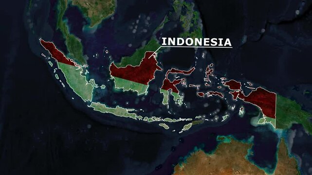 Zoom from Earth to Indonesia. (Country Flag) World map animation with highlighted country borders. Satellite 3d world map animation highlights aerial views, tourism, and travel. 4k