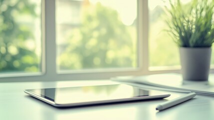 Fototapeta premium Close-up view of a tablet resting on a white student desk with a stylus beside it, illuminated by soft daylight from large windows, creating a serene study atmosphere