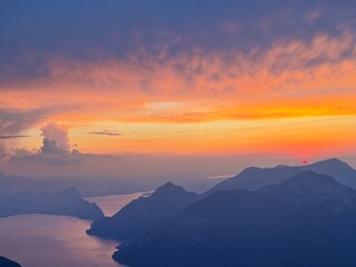 sunset in the mountains taken from the frohnalpstock, stoos, schwyz, switzerland