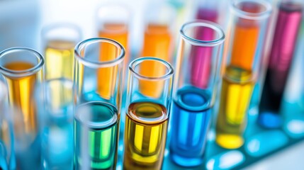 Close-up view of a test tube rack showcasing an array of colorful solutions in a bright, sterile laboratory environment
