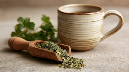 Close-up of a wooden scoop filled with dried lemon balm beside a ceramic teacup, showcasing natural textures and soothing herbal infusion