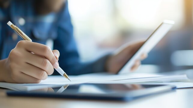Close-up of student's hand actively writing notes in a notebook with a digital tablet nearby in a bright, modern classroom setting during a learning session