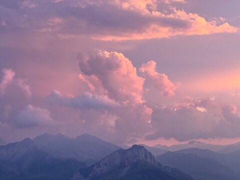beautiful pink clouds hanging over the swiss alps, frohnalpstock, stoos, schwyz, Switzerland, landscape