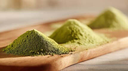 Delicate piles of freshly ground matcha powder on a clean wooden board captured in soft tones and macro detail