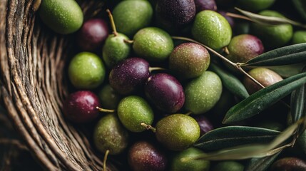 Freshly picked green and purple olives nestled in a rustic woven basket with soft natural light highlighting their vibrant colors against a textured backdrop