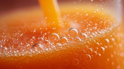 Fresh juice being funneled into a bottle with bubbles rising and soft highlights captured in amazing detail using macro lens technology