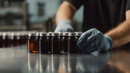 Gloved hands carefully tightening metal caps on cold brew bottles in a stainless steel workspace during production
