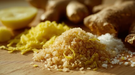 Grated fresh ginger, sugar, and lemon zest create a vibrant flavor palette on a neutral cutting board in soft natural light