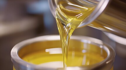 Golden olive oil flowing from a centrifuge spout into a pristine glass container with precise focus and soft shine, showcasing the rich texture and clarity of freshly extracted oil