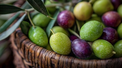Freshly picked green and purple olives captured in a rustic woven basket, showcasing natural light and textured background