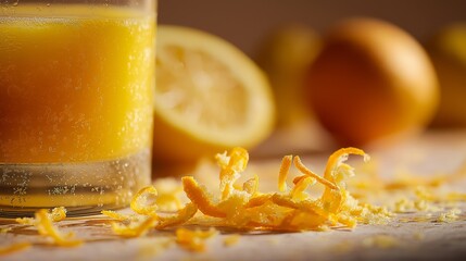 Freshly squeezed juice surrounded by vibrant orange zest, soft shadows illuminating the rich colors of natural ingredients during morning preparation