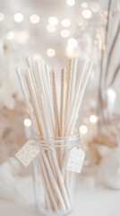 Close-up of charming paper straws in a glass jar with baby-themed tags, creating a whimsical atmosphere with soft bokeh and neutral decor