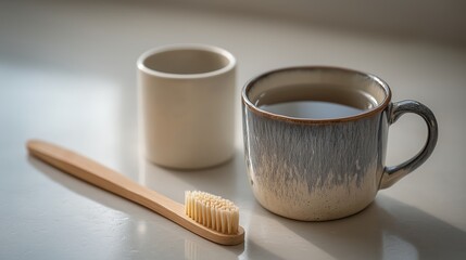 Detail shot captures a tongue scraper and toothbrush beside a water cup on a clean ceramic surface during a morning routine